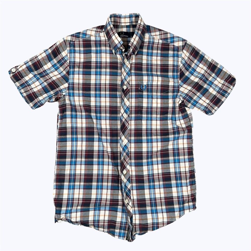 FRED PERRY Short Sleeve Plaid Check Shirt Blue Red White Mens Sz XS Slim